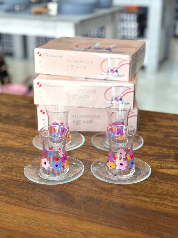 استکان و نعلبکی ۸پارچه پاشاباغچه طرح Flower Love کد 95290 | ست چای خوری لوکس ترکیه