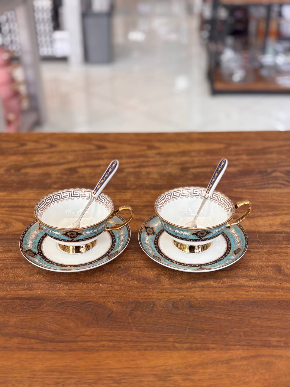 خرید چایخوری طلاکوب دوتایی طرح سفید و آبی اصل وارداتی | KIT-90